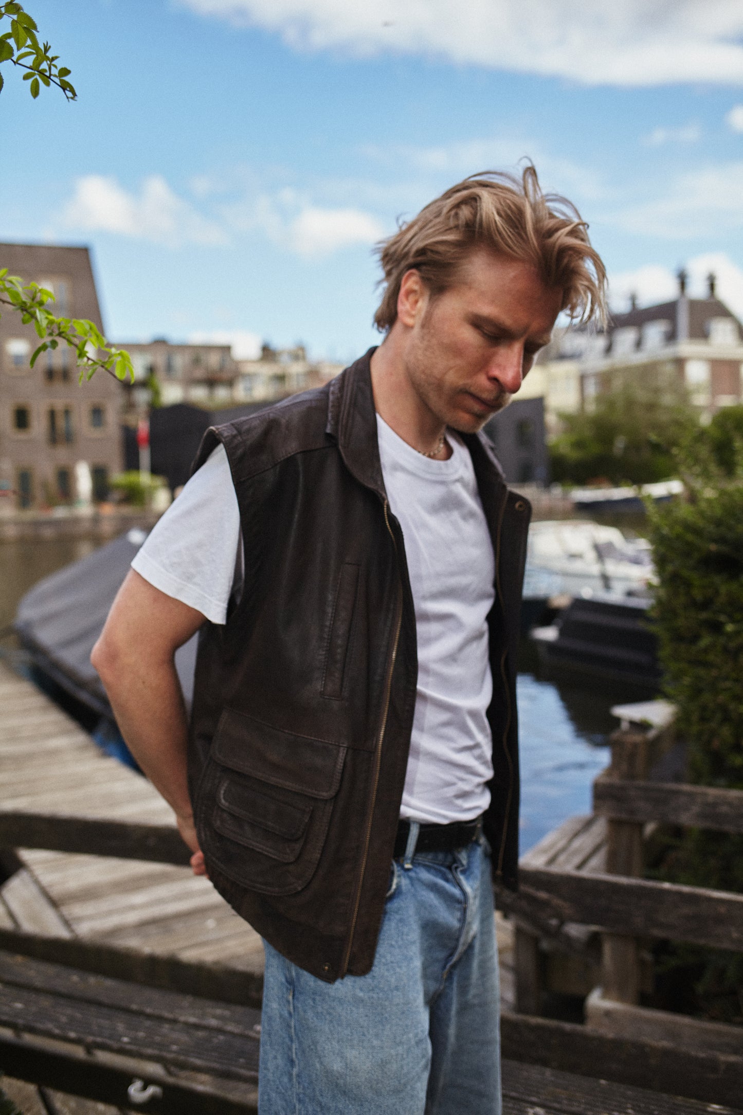 Brown leather utility vest